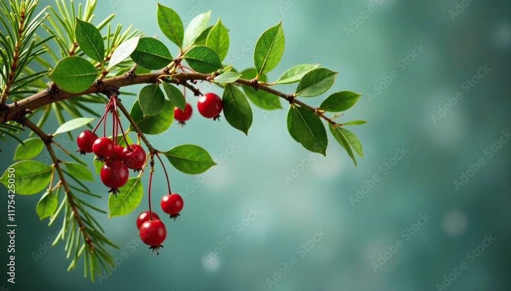 Fresh mistletoe branches with greenery and berries hanging from a wooden branch, evergreen branches, holiday decoration Fresh mistletoe branches with greenery and berries hanging from a wooden branch, evergreen branches, holiday decoration
