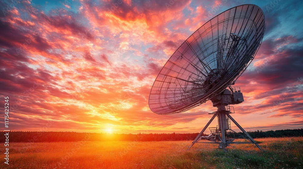 Sunset over a large satellite dish in a field. Sunset over a large satellite dish in a field.