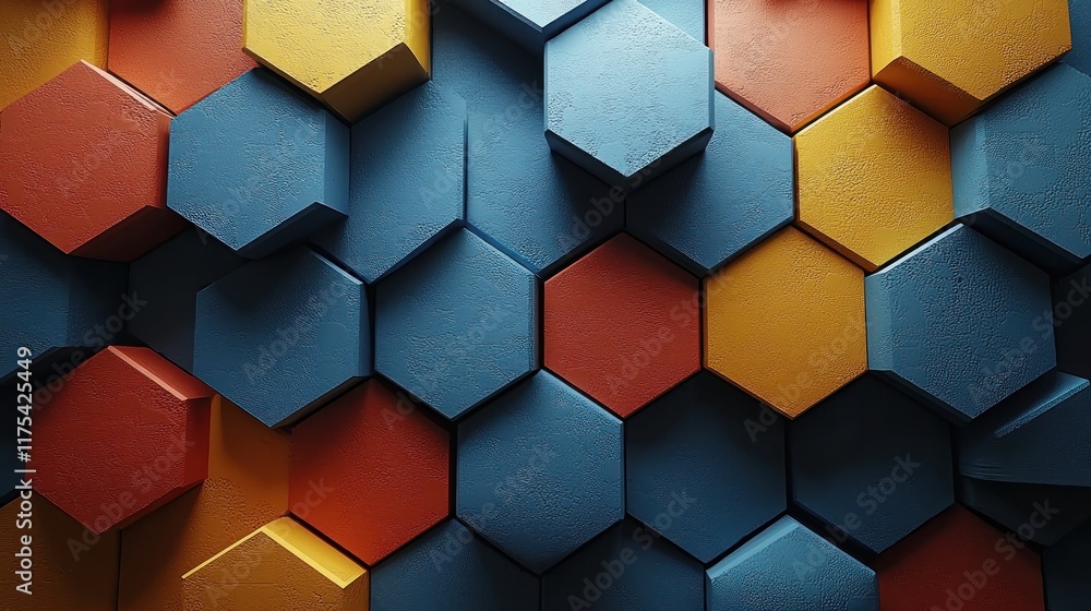 A colorful arrangement of hexagonal shapes in blue, orange, and red, creating a textured pattern. A colorful arrangement of hexagonal shapes in blue, orange, and red, creating a textured pattern.