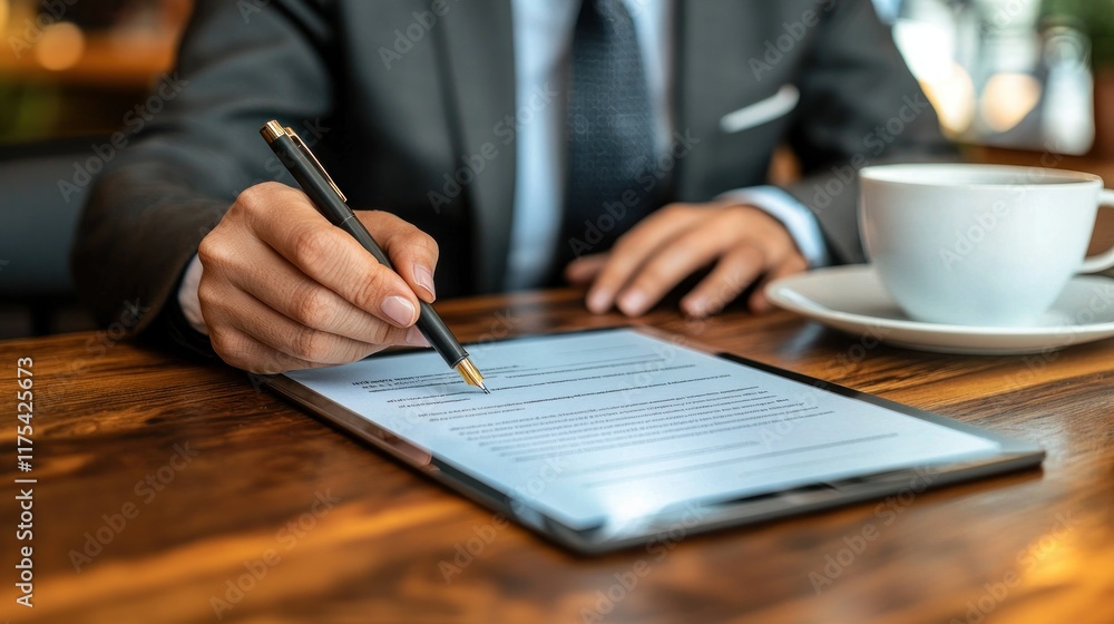 Businessman signing a contract on a tablet, while having a coffee in a cafe Businessman signing a contract on a tablet, while having a coffee in a cafe