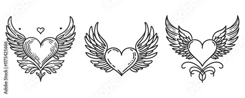 set heart with angel wings in one line style. Heart with wings for valentine day. vector illustration