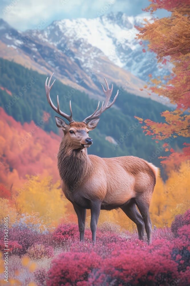 Naklejka premium Majestic stag in vibrant autumn landscape with mountains in background
