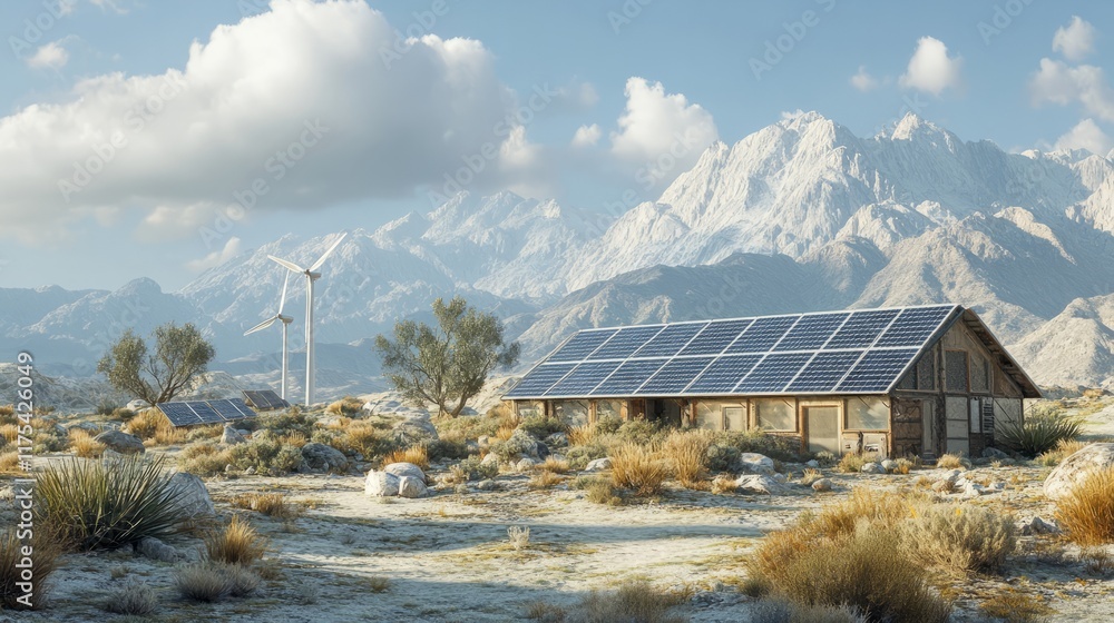 Modern renewable energy setup featuring solar panels and windmills Modern renewable energy setup featuring solar panels and windmills