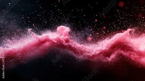 The image captures a dramatic explosion of pink powder against a dark background, showing a dynamic flow of texture and light, evoking creativity and chaos. photo