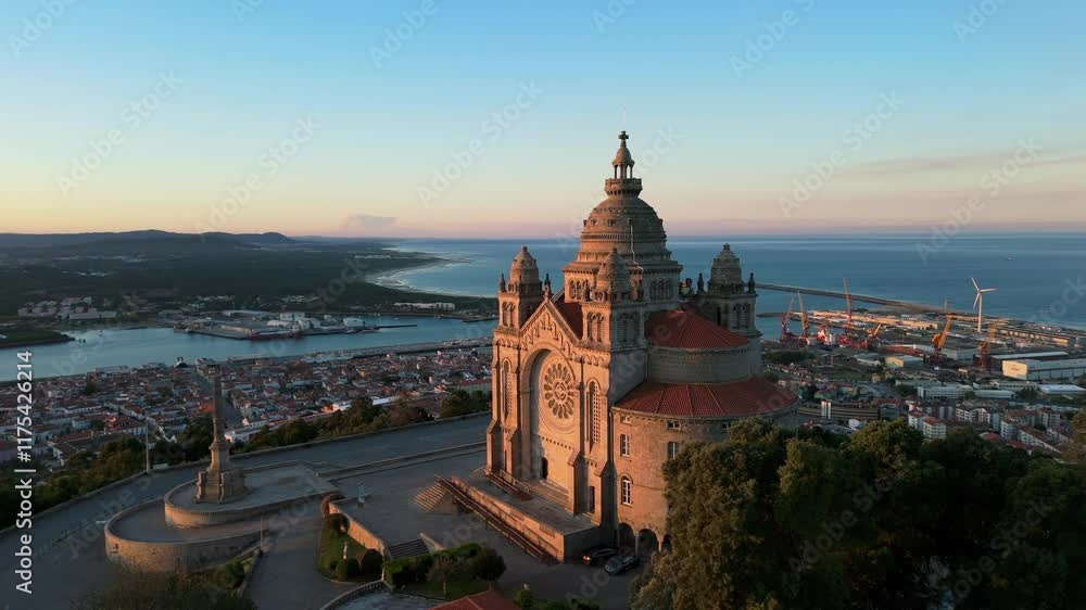 Basilica Santa Luzia at Sunrise. Viana do Castelo City, Portugal. Aerial View. Orbiting