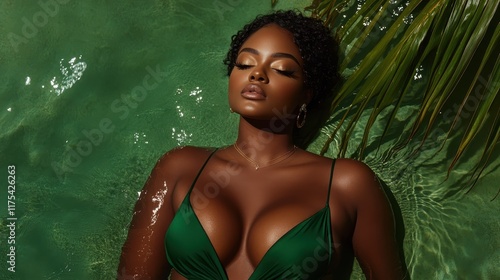 A woman in a green swimsuit peacefully floats in water beneath palm leaves, evoking tropical vibes and tranquility. A study of harmony with nature's elements. photo