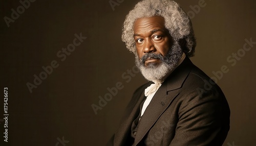 An image of Frederick Douglass with an overlay space for captions, historic tribute graphic, classic tones