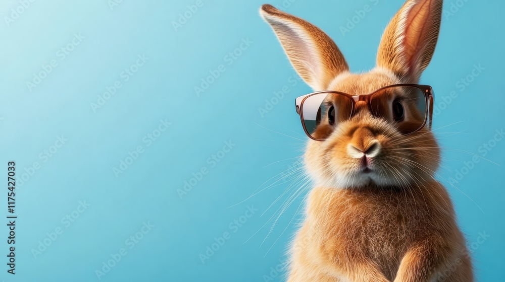 A charming brown rabbit wearing fashionable sunglasses, set against a vibrant blue backdrop, exuding a carefree and trendy vibe.