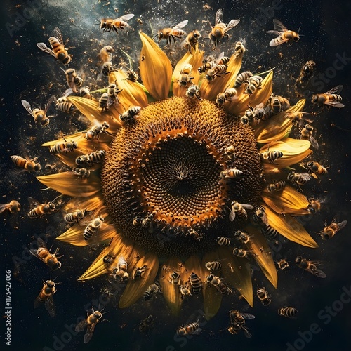 Honeybees Pollinating Sunflower Close Up photo