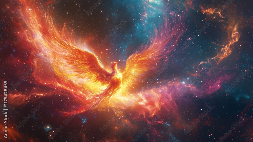 Majestic Phoenix Rising from Cosmic Flames in Colorful Galaxy Majestic Phoenix Rising from Cosmic Flames in Colorful Galaxy