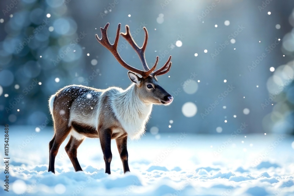 Large deer in the snow, against the background of a winter forest landscape, snowfall. Animals in the winter season, photorealistic. Copy space Large deer in the snow, against the background of a winter forest landscape, snowfall. Animals in the winter season, photorealistic. Copy space