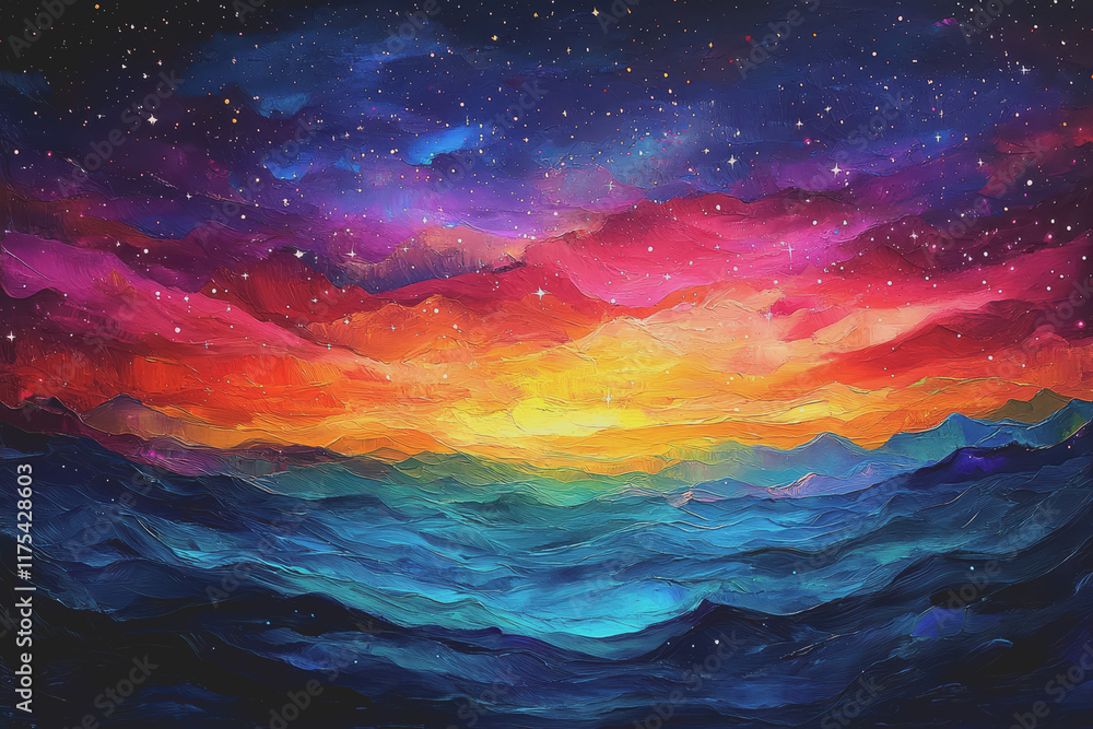 Naklejka premium The bright night sky is a rainbow of colors blending perfectly. Stars twinkle in different shades.