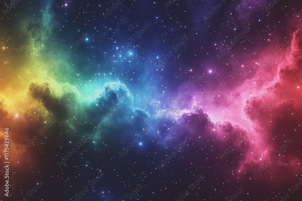The bright night sky is a rainbow of colors blending perfectly. Stars twinkle in different shades. The bright night sky is a rainbow of colors blending perfectly. Stars twinkle in different shades.