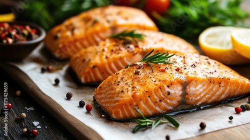 Perfectly grilled salmon fillets, seasoned with spices and herbs, placed on a wooden serving board, offering a delightful feast for eyes and taste buds. photo