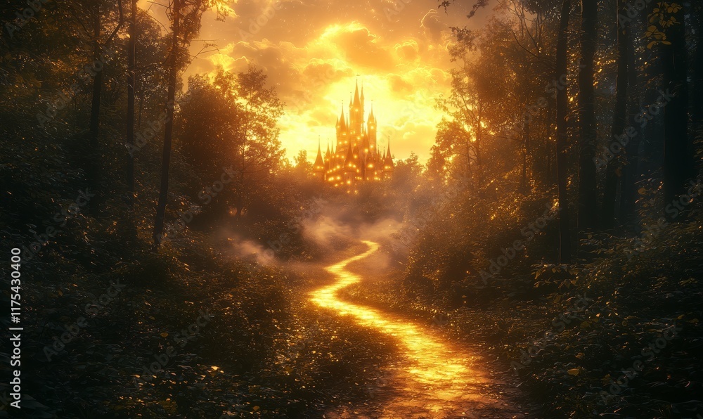 Enchanted Forest Leading to a Majestic Castle at Sunset Enchanted Forest Leading to a Majestic Castle at Sunset