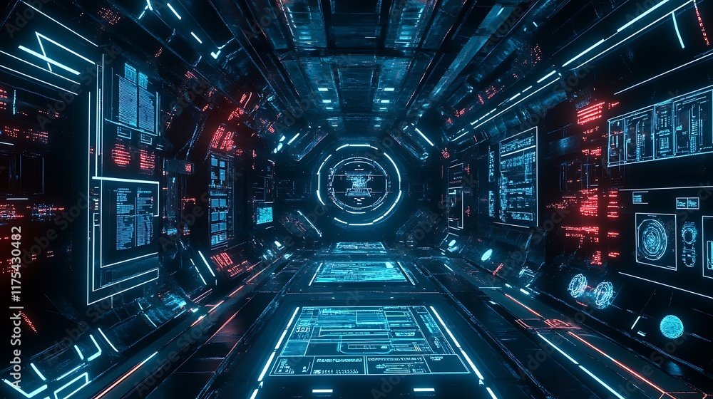 Fototapeta premium A hyper-realistic digital interface with futuristic UI elements, glowing holograms, and intricate patterns on a dark, sleek backdrop