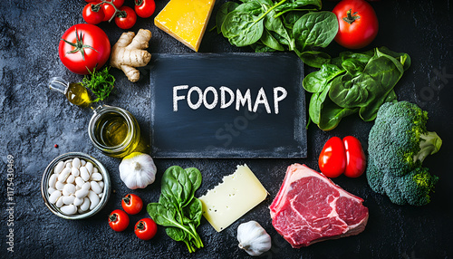 Foodmap diet concept with fresh ingredients like meat, vegetables, and spices surrounding the word 'foodmap'