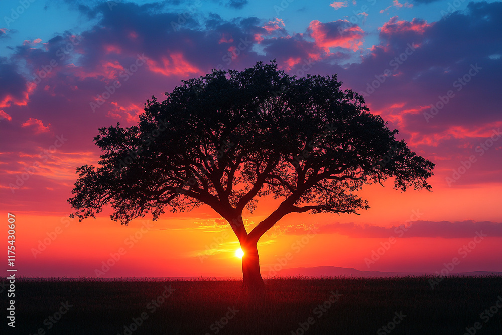 Lone Tree Silhouetted Against Vibrant Sunset Sky Lone Tree Silhouetted Against Vibrant Sunset Sky