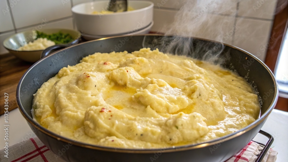 Creamy aligot cheese mashed potatoes served in a rustic kitchen setting with steam rising and a warm ambiance Creamy aligot cheese mashed potatoes served in a rustic kitchen setting with steam rising and a warm ambiance