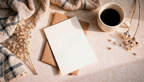 Warm-toned flat lay with rustic stationery and cozy coffee cup