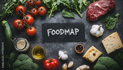 Foodmap diet concept with fresh ingredients like meat, vegetables, and spices surrounding the word 'foodmap' photo