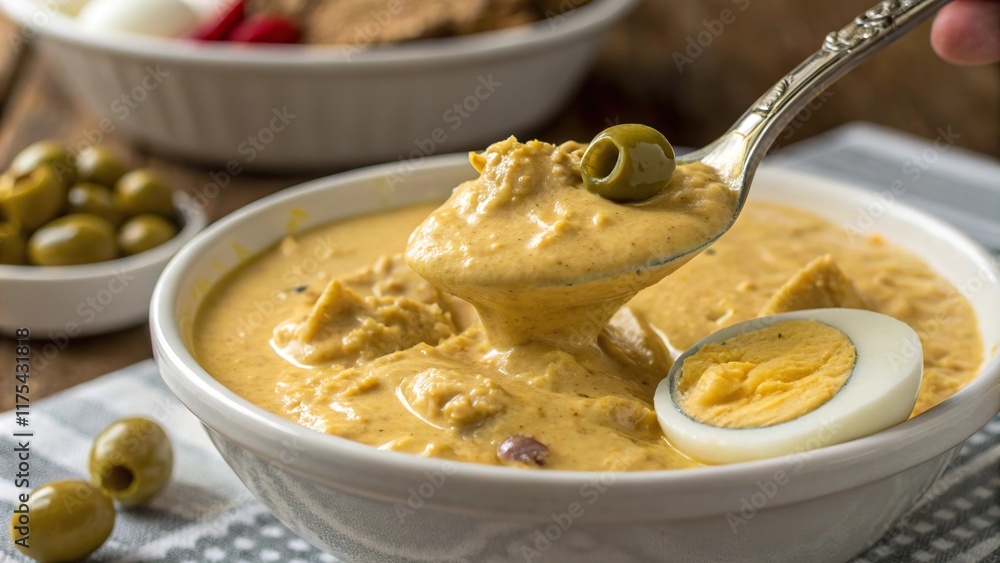 Creamy aji preparation with olives and egg highlighting rich textures and flavors from culinary traditions Creamy aji preparation with olives and egg highlighting rich textures and flavors from culinary traditions