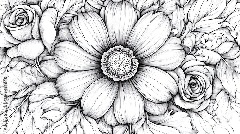 Intricate Daisy and Rose Line Art with Swirling Vines Bold Floral Line Art for Stress-Relief Coloring Books Decorative Botanical Illustrations for Stationery Designs Modern Black-and-White Intricate Daisy and Rose Line Art with Swirling Vines Bold Floral Line Art for Stress-Relief Coloring Books Decorative Botanical Illustrations for Stationery Designs Modern Black-and-White