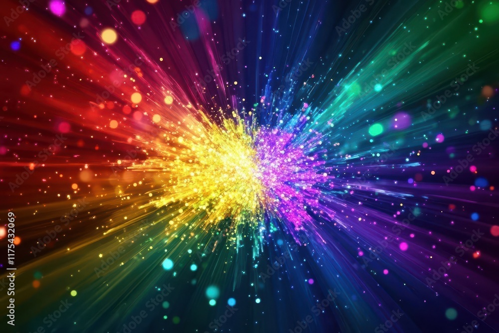 Fototapeta premium Vibrant rainbow particles exploding in radial patterns, energetic and eyecatching
