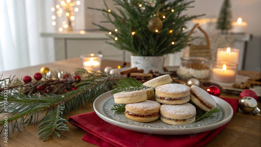 Festive alfajores arranged on a decorative plate amidst holiday decorations and lights Festive alfajores arranged on a decorative plate amidst holiday decorations and lights