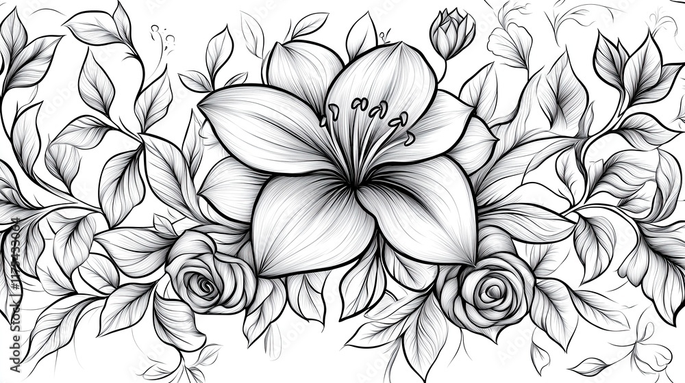 Elegant Lily and Rose Line Art with Bold Framing Elegant Floral Line Art for Modern Home Black and White Botanical Illustrations for Coloring Books Stylized Floral Patterns for Digital and Graphic Elegant Lily and Rose Line Art with Bold Framing Elegant Floral Line Art for Modern Home Black and White Botanical Illustrations for Coloring Books Stylized Floral Patterns for Digital and Graphic