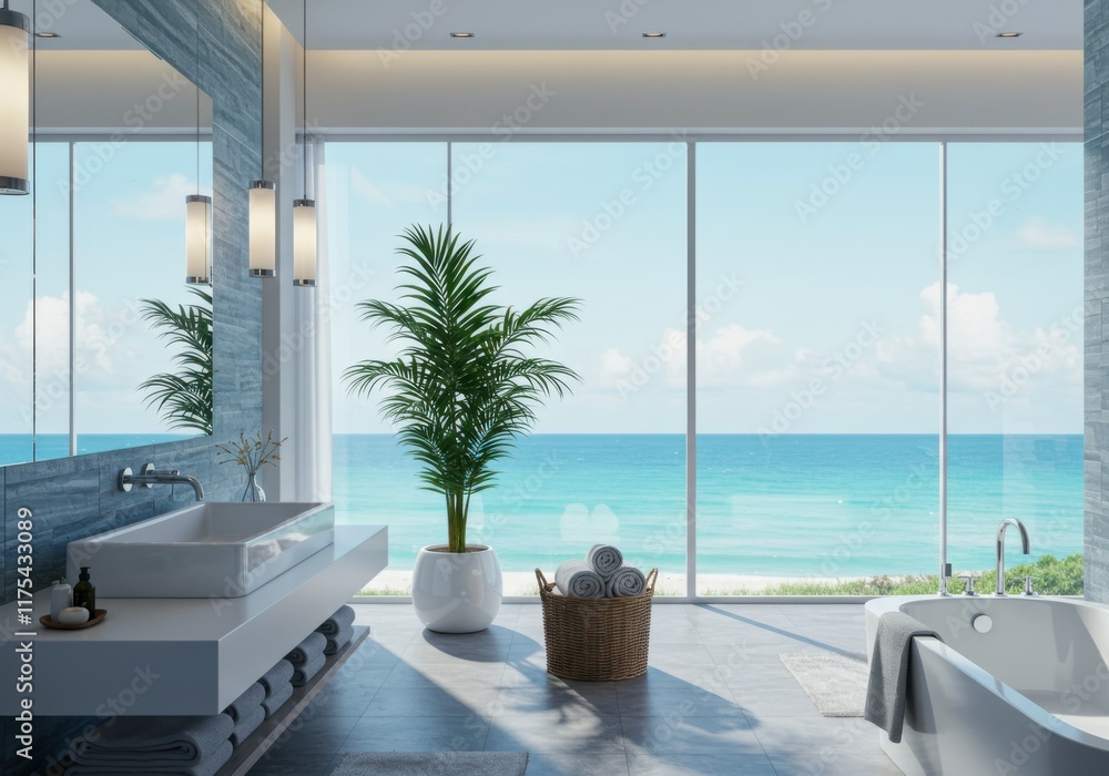 Fototapeta premium Luxurious bathroom interior, ocean view, floor-to-ceiling windows, white marble countertop, potted plants, minimalist design, bright natural light, turquoise sea, blue sky, coastal decor, modern sink,