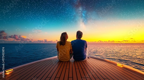 Couple watching stunning sunset over ocean romantic scene serene environment beautiful view love concept