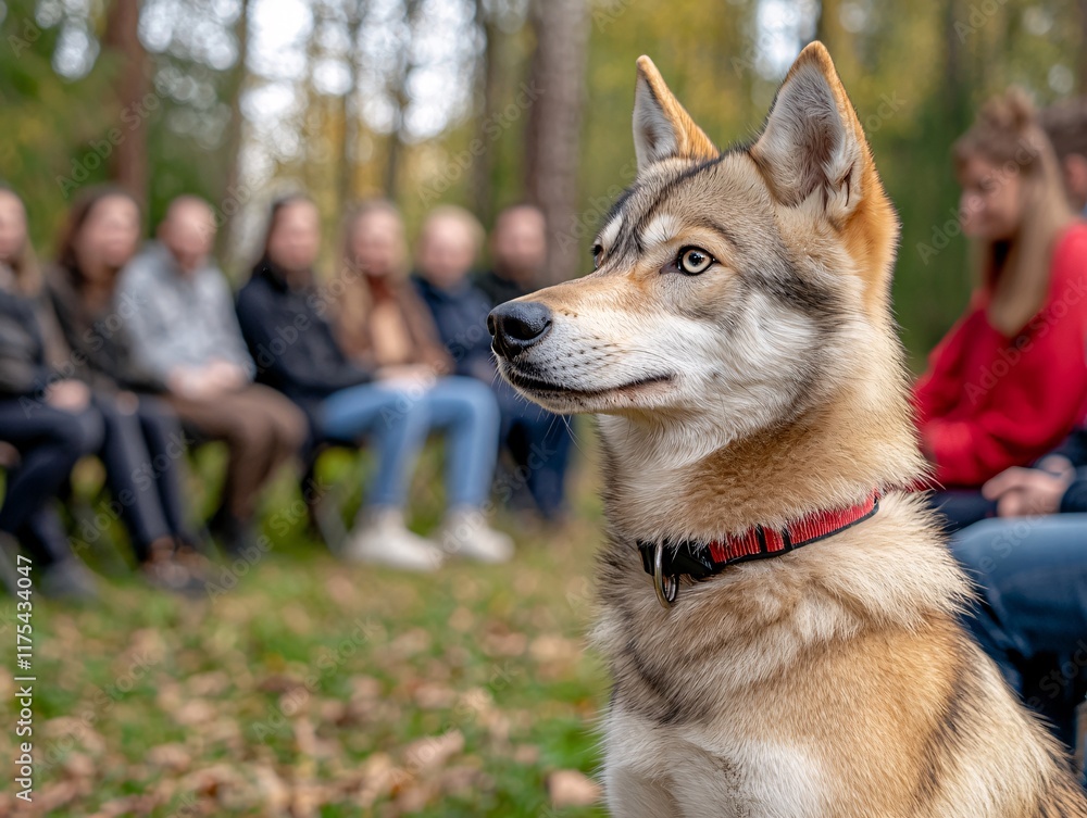 Obraz premium Engaging wolf dog observation forest clearing photography natural setting close-up view canine behavior