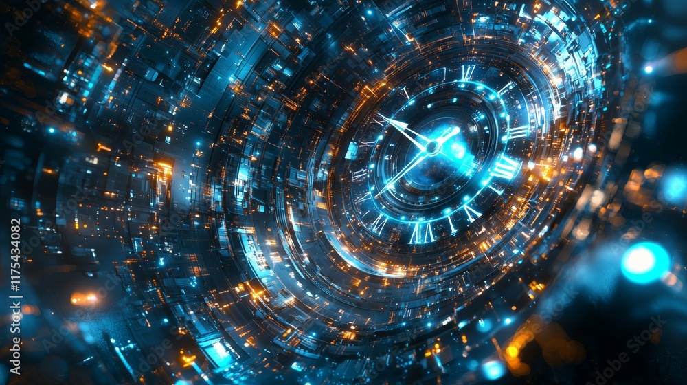 Abstract Digital Clock Concept with Futuristic Blue and Orange Lights Abstract Digital Clock Concept with Futuristic Blue and Orange Lights