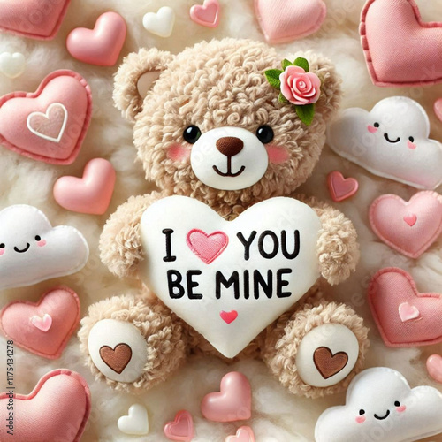 Happy Valentine's day with A cute teddy bear holding a large heart with the words “I Love You” or “Be Mine” 