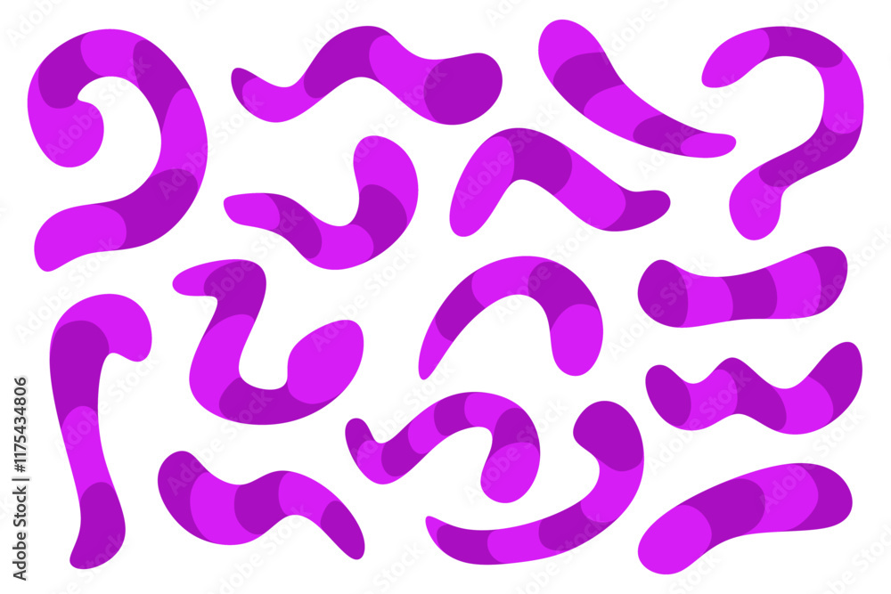 Purple abstract illustration. Curved shapes in striped style. Set of flat vector illustrations. Purple abstract illustration. Curved shapes in striped style. Set of flat vector illustrations.
