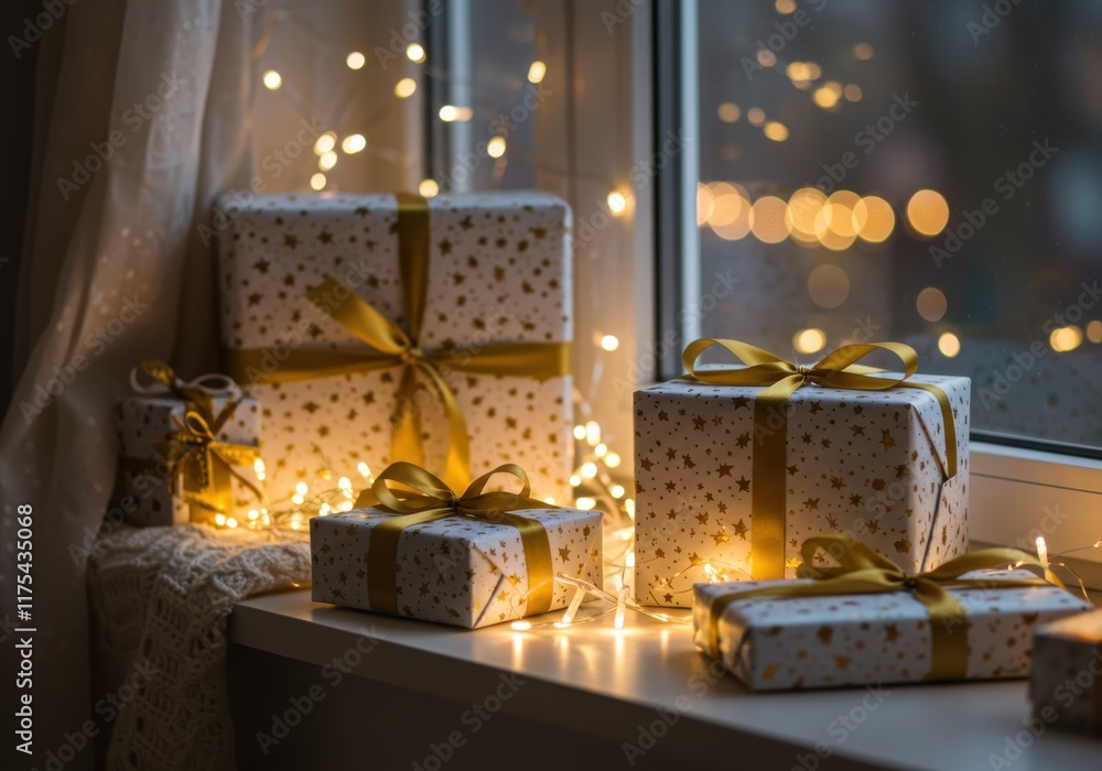 Cozy winter scene, windowsill with fairy lights, martini glasses, wrapped gifts, soft bokeh background, warm golden glow, festive atmosphere, holiday decorations, interior photography, shallow depth o