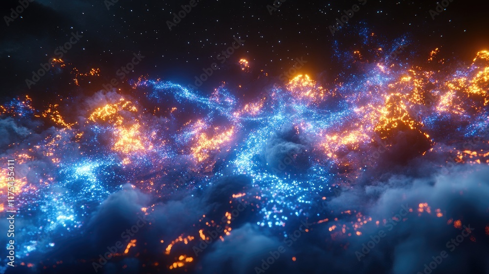 Fototapeta premium Abstract glowing particles and smoke swirling in a dark starry sky. Ideal for backgrounds music visualizations and motion graphics.