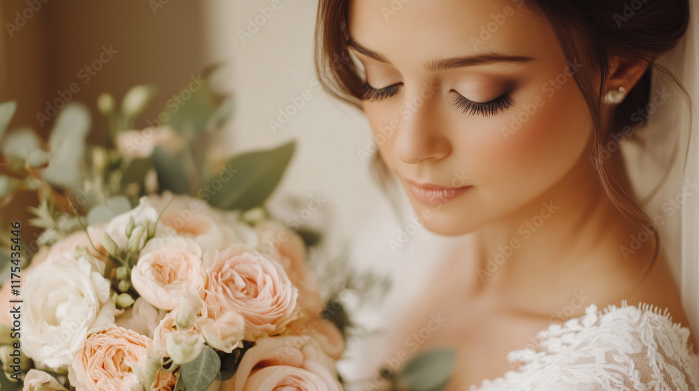 Naklejka premium Bride holding a pastel floral bouquet. Close-up portrait of a beautiful woman on her wedding day. Elegant and romantic bridal inspiration.