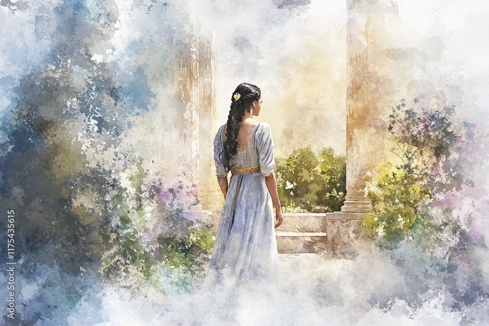 Obraz premium serene landscape with young woman gazing towards sunlit garden f