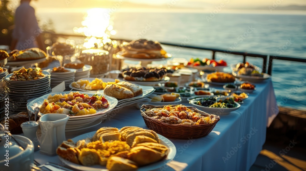 Naklejka premium A beautifully set breakfast table overlooking a turquoise sea view