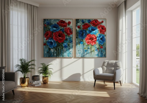 Modern living room interior, large floral abstract artwork, red and blue flowers, diptych painting, white walls, wooden floors, floor-to-ceiling windows, natural light, minimalist furniture, gray armc photo