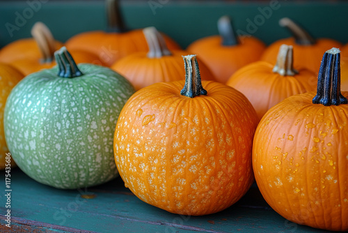 Colorful Pumpkins Arranged On A Rustic Wooden Surface photo