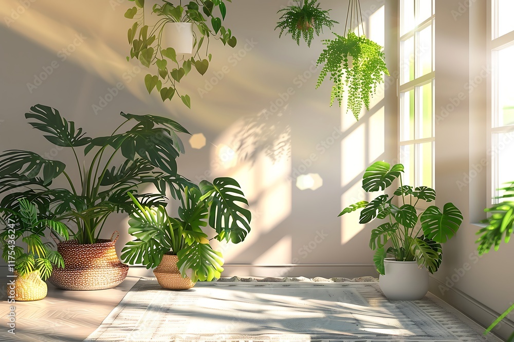 Fototapeta premium Interior living room with tropical plants in pots. 3D rendering
