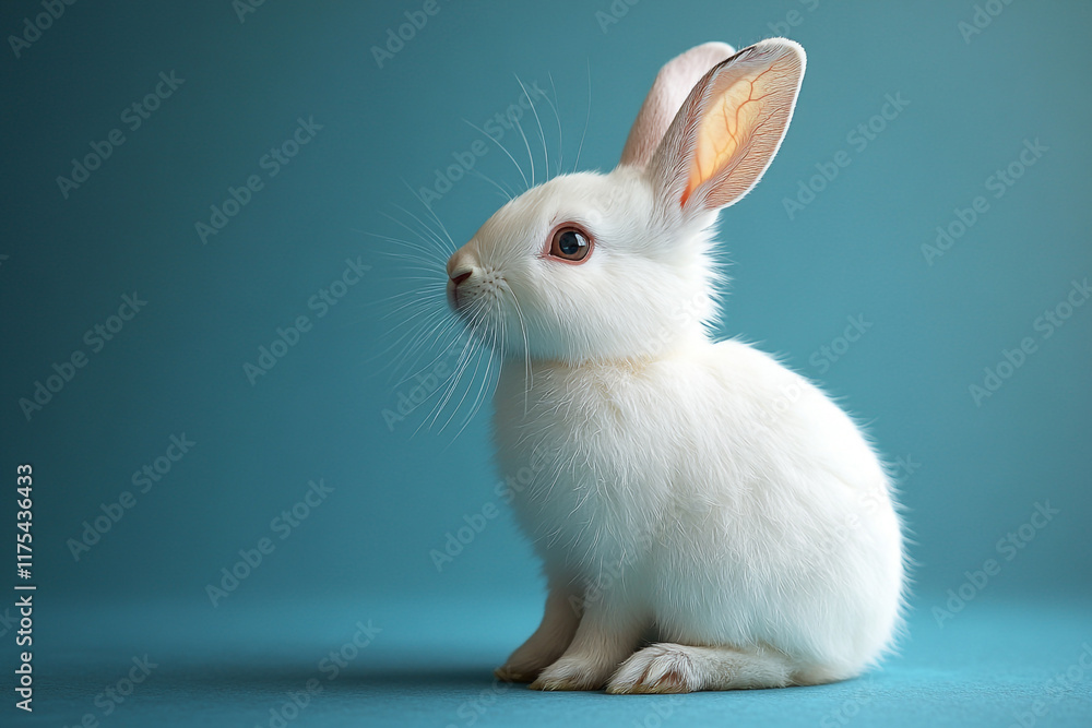 Fototapeta premium Adorable White Rabbit Sitting on Teal Background