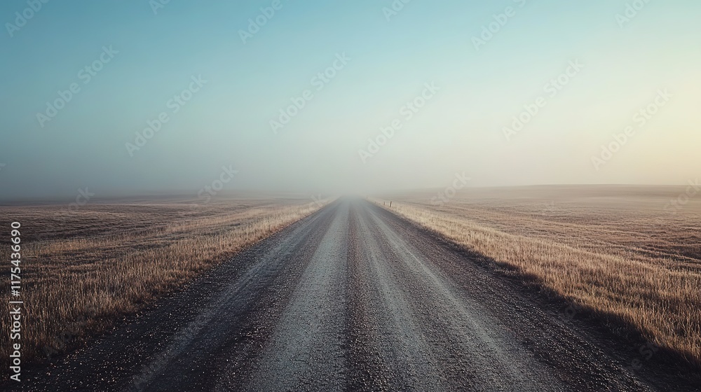 Naklejka premium Endless road stretches into foggy horizon, merging earth and sky