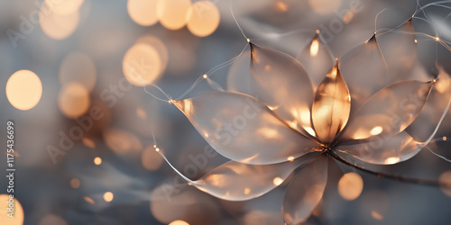 A close-up of ethereal flower petals that are softly glowing against a background of ambient bokeh lights, creating a sense of wonder and delicate beauty. photo