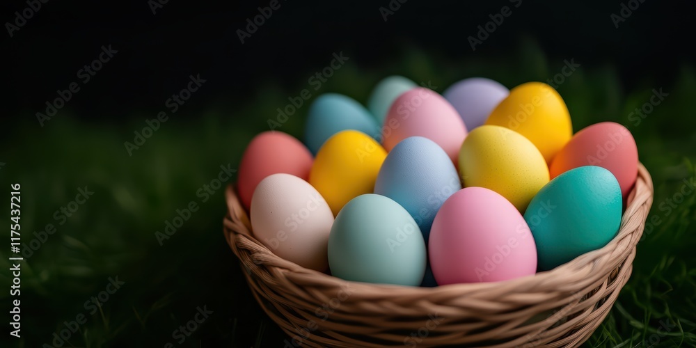 Naklejka premium Colorful Easter Eggs in a Woven Basket Surrounded by Green Grass