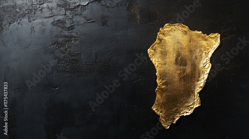 A minimalistic splash of gold paint in an irregular shape, standing out against a stark black wall photo