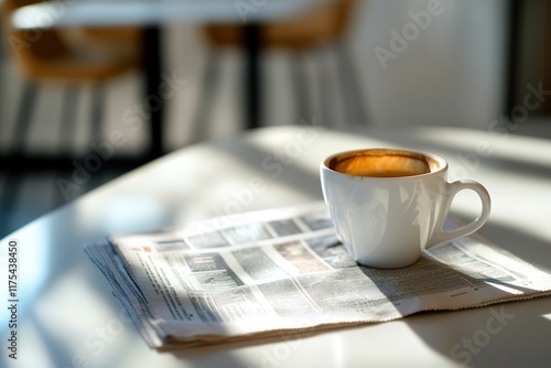 Warm coffee cup resting on newspaper, sunlight casting soft shad photo